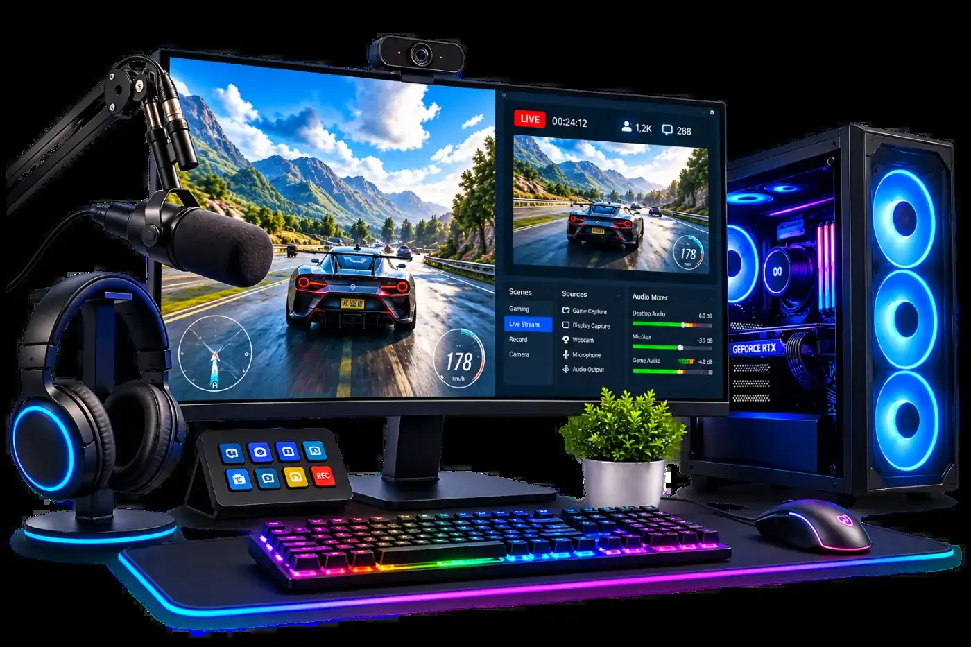 Gaming and streaming desk setup with a monitor showing a live stream, microphone, webcam, headphones and a gaming PC