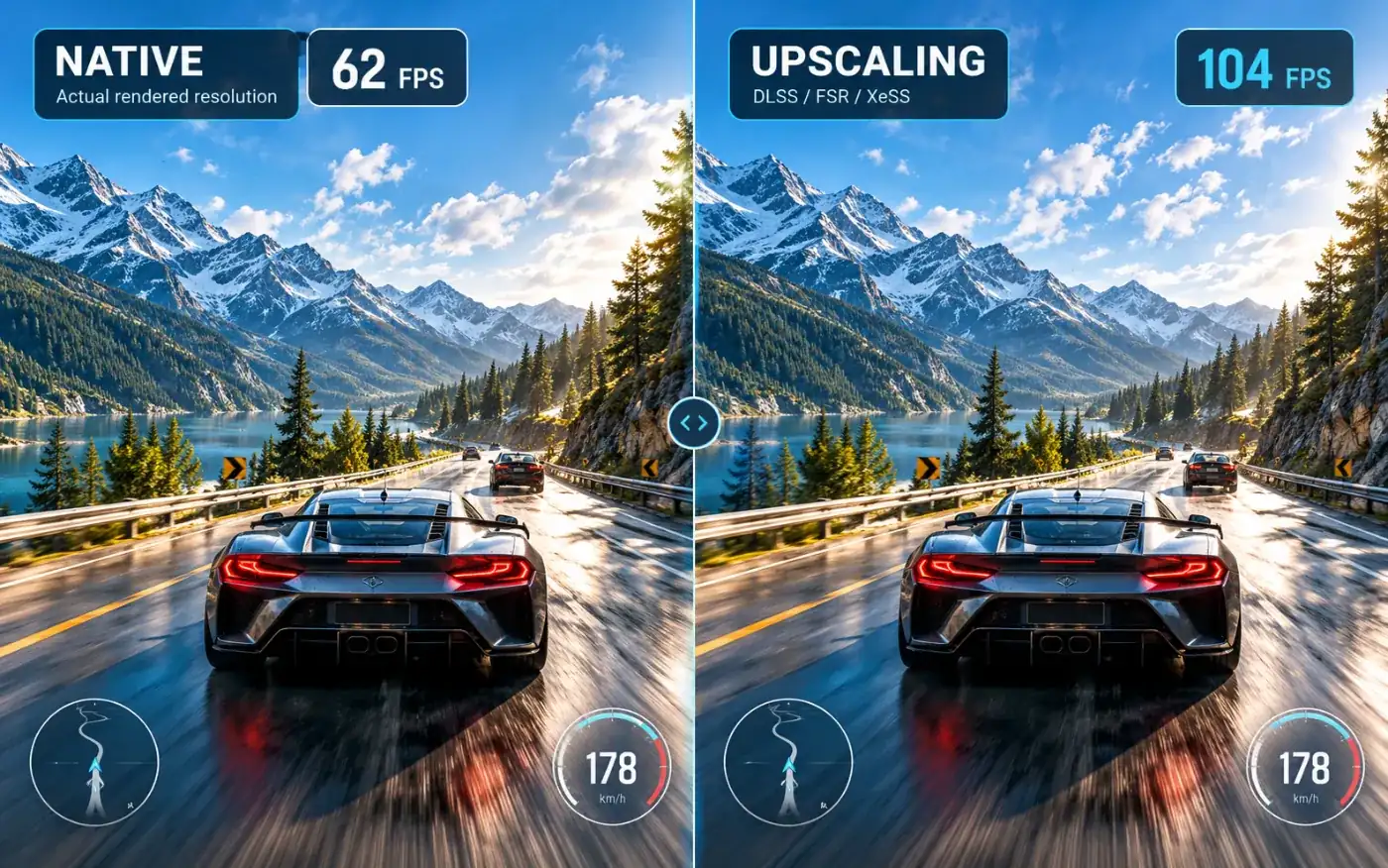 Same racing game scene side by side: native rendering at 62 FPS on the left and upscaling with DLSS, FSR or XeSS at 104 FPS on the right